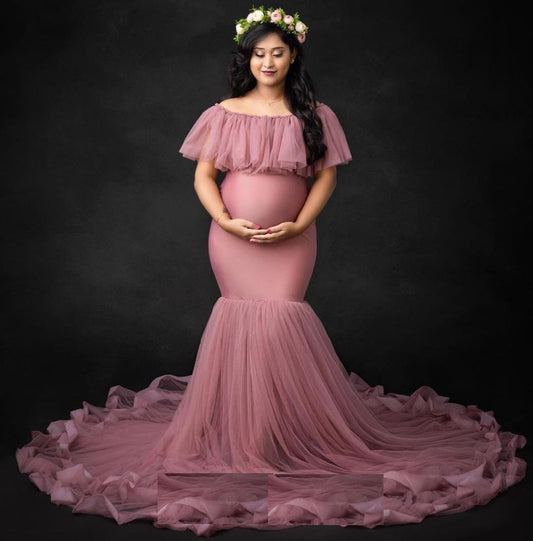 G508 , Peach Maternity Shoot Baby Shower Trail Gown, Size: All, Color: All