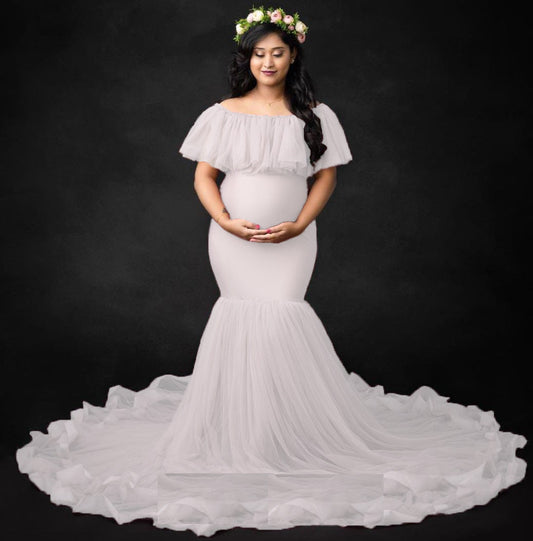 W608, White Maternity Shoot Baby Shower Trail Gown, Size: All, Color: All