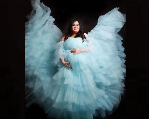 G542, Ice Blue Ruffled Maternity Shoot  Gown, Size: All, Color: All
