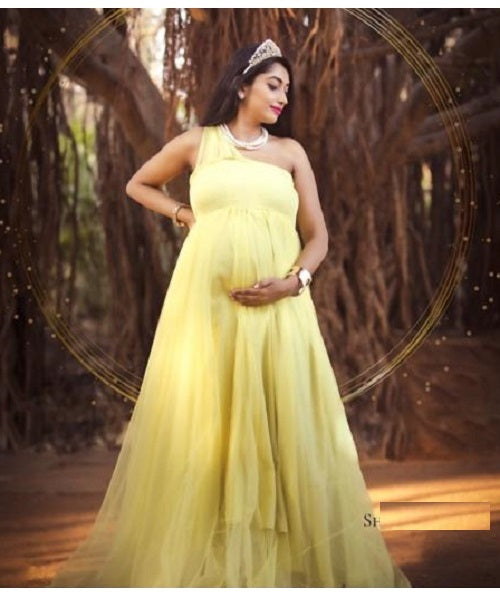 G19, Lemon Yellow One Shoulder Maternity Flair Gown, Size: All, Color: All