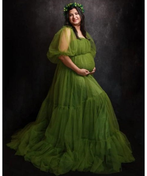 G954, Kiwi Green Ruffled Maternity Shoot  Gown, Size: All, Color: All