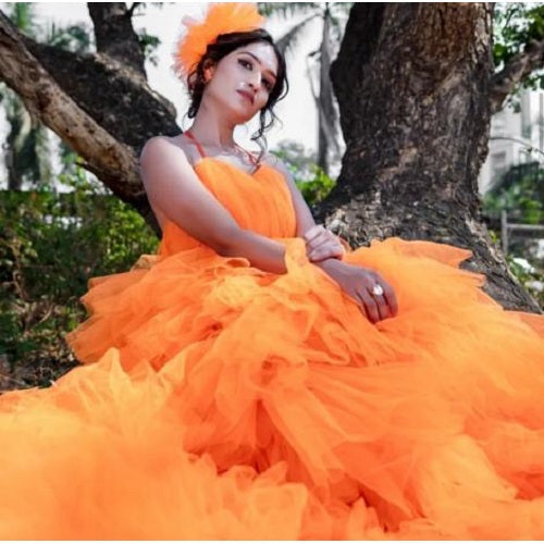 G740, Luxury Orange Infinity Frill Pre Wedding Long Trail  Gown, Size: All, Color: All