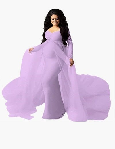 G441, Lavender Maternity Shoot Trail Baby Shower Lycra Body Fit Gown, Size: All, Color: All