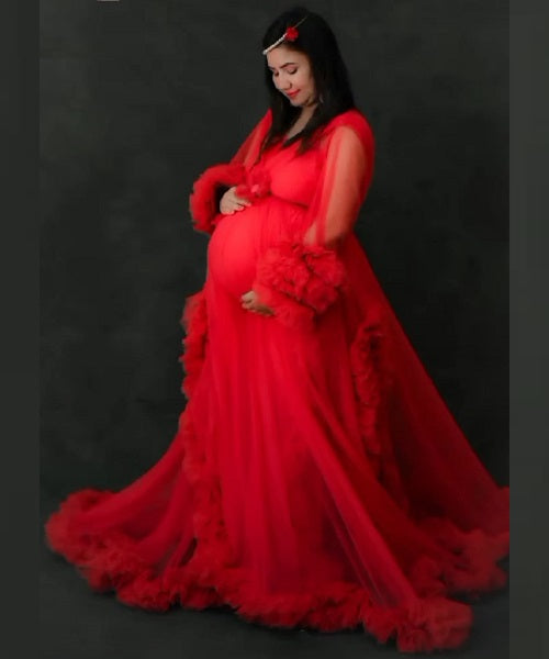 G348, Watermelon Ruffled Maternity Shoot  Gown, Size: All, Color: All