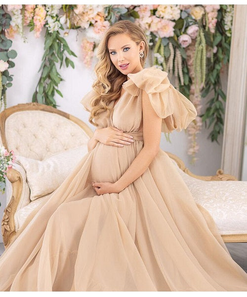 G112, Golden Maternity Shoot Trail Baby Shower Gown, Size: All, Color: All