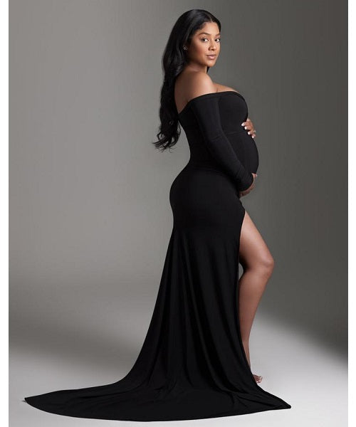 G106, Black Slit Cut Maternity Shoot Trail Baby Shower Gown, Size: All, Color: All