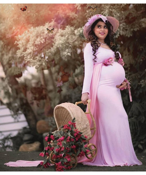 G156, Pink Maternity shoot Baby Shower Lycra Body Fit Gown, Size: All, Color: All