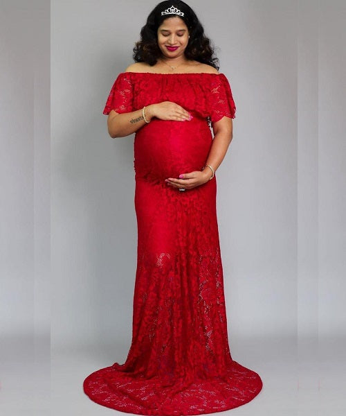 G408,  Wine Lace Os Maternity Shoot Trail Baby Shower Lycra Body Fit Gown, Size: All, Color: All