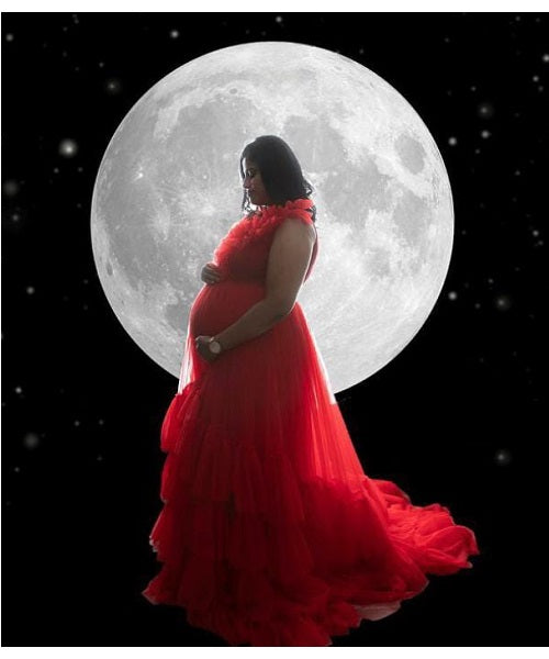 G655, Red Ruffled Maternity Shoot Trail Gown Size: All, Color: All