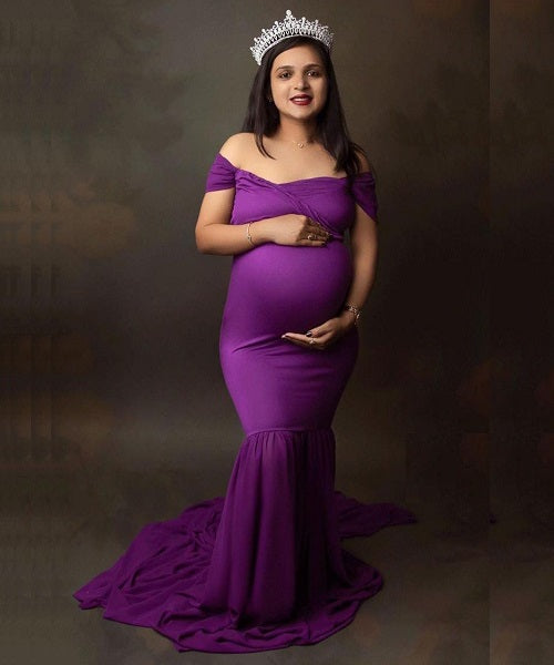 G218,Purple Maternity Shoot Trail Baby Shower Lycra Body Fit Gown, Size: All, Color: All