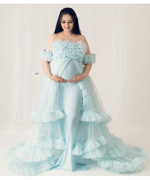 G325, Ice Blue Ruffled Maternity Shoot  Gown, Size: All, Color: All