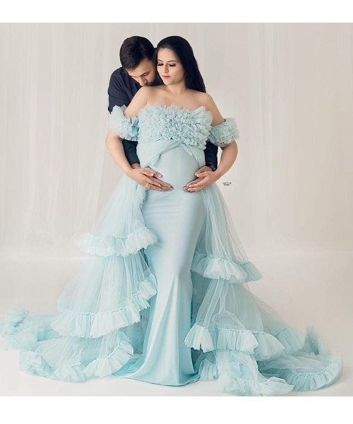 G325, Ice Blue Ruffled Maternity Shoot  Gown, Size: All, Color: All