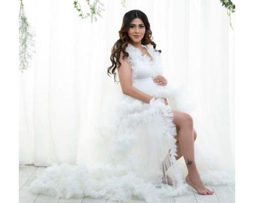 W355, White Ruffled Frill Maternity Shoot Gown With Inner Size: All, Color: All