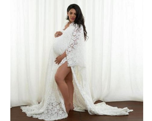 W408, White Lace Slit Cut Maternity Shoot Trail Baby Shower Gown With Inner, Size: All, Color: All