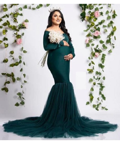 G821, Bottle Green Fish Cut Maternity Shoot Baby Shower Gown, Size: All, Color: All