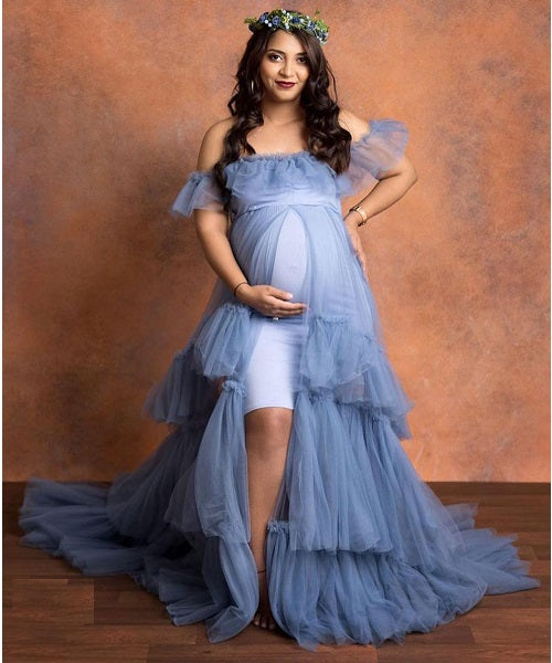 G452, Smooth Grey Ruffled Slit Cut Maternity Shoot  Gown, Size: All, Color: All