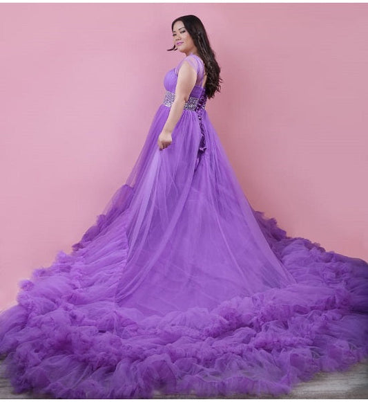 G240, Luxury Purple Ruffle Long Trail Ball Gown Size: All, Color: All