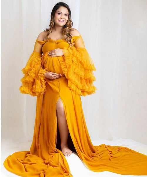 G742, Mustard Frilled Maternity Shoot Baby Shower Trail Gown, Size: All, Color: All