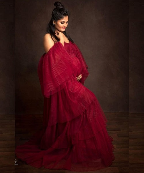 G442, Wine Ruffled Maternity Shoot  Gown, Size: All, Color: All