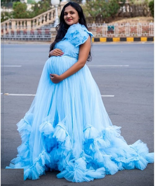 G125, Blue Ruffled Maternity Shoot  Gown, Size: All, Color: All