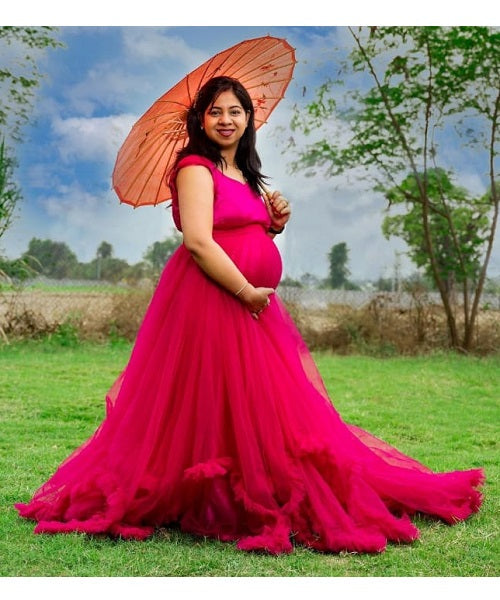 G868, Red Wine Frilled Maternity Shoot  Baby Shower Trail Gown Size: All, Color: All