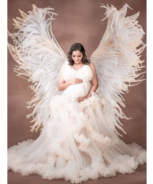 W558, White Ruffled Maternity Shoot  Baby Shower Trail Gown Size: All, Color: All