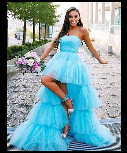 G140, Luxury Sky Blue Ruffle Long Trail Ball Gown  Size: All, Color: All