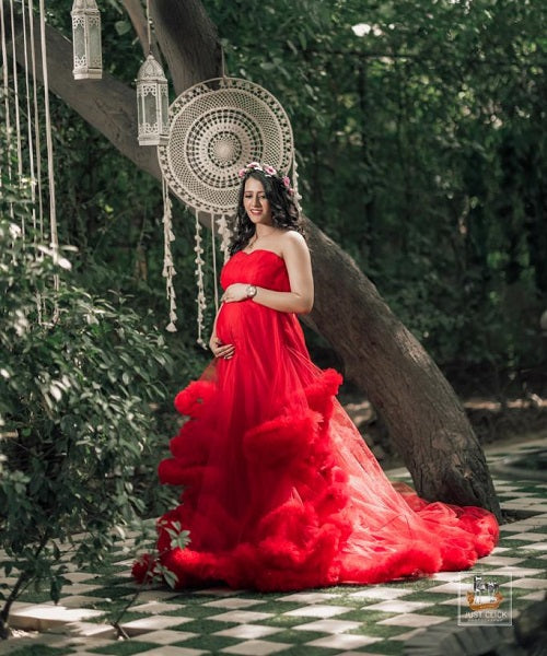 G768, Red Tube Ruffled Maternity Shoot Baby Shower Trail Gown Size: All, Color: All