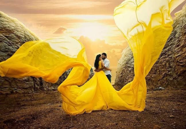 G888, Yellow Twin Trail prewedding Shoot Long Trail Gown Size: All, Color: All
