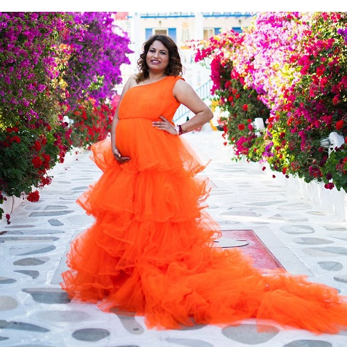 G740, Luxury Orange Infinity Frill Maternity Long Trail  Gown, Size: All, Color: All