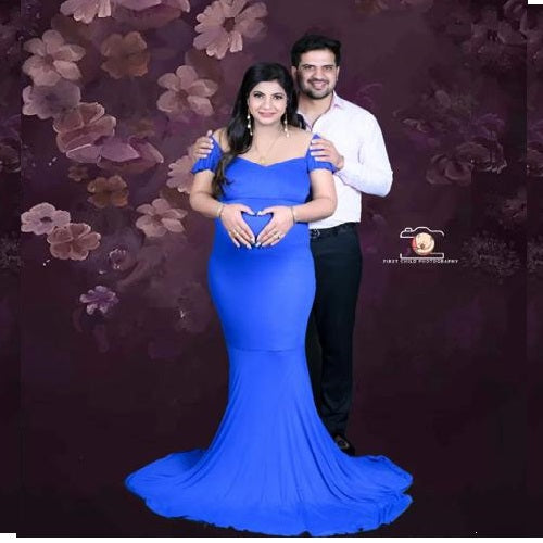 G248, Royal Blue Maternity Shoot Baby Shower Trail  Lycra Fit Gown,Size: All, Color: All