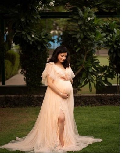 G987, Light Peach Ruffled Maternity Shoot  Gown, Size: All, Color: All