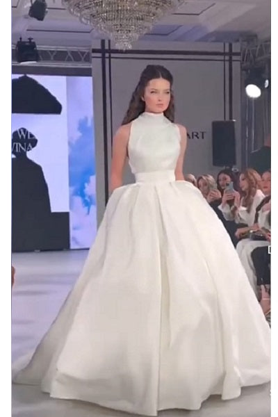 W192, White Satin Halter Neck Ball Gown Size: All, Color: All