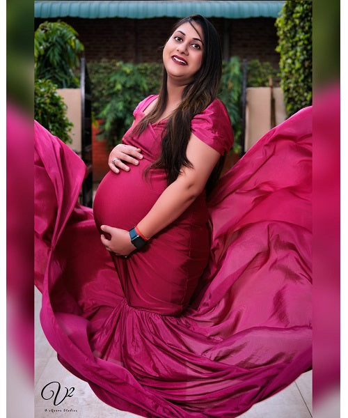 G231,Wine Red Maternity Shoot Baby Shower Trail Lycra Body Fit Gown, Size: All, Color: All
