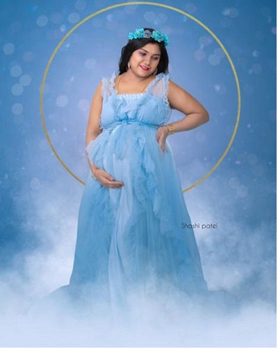 G966, Blue Ruffled Maternity Shoot  Gown, Size: All, Color: All