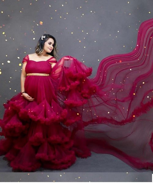 G6482, Dark Magenta Puffy Maternity Shoot Trail Gown Size: All, Color: All