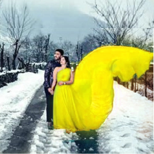 G75 , Yellow One Shoulder Prewedding Shoot Long Trail Gown, Size: All, Color: All