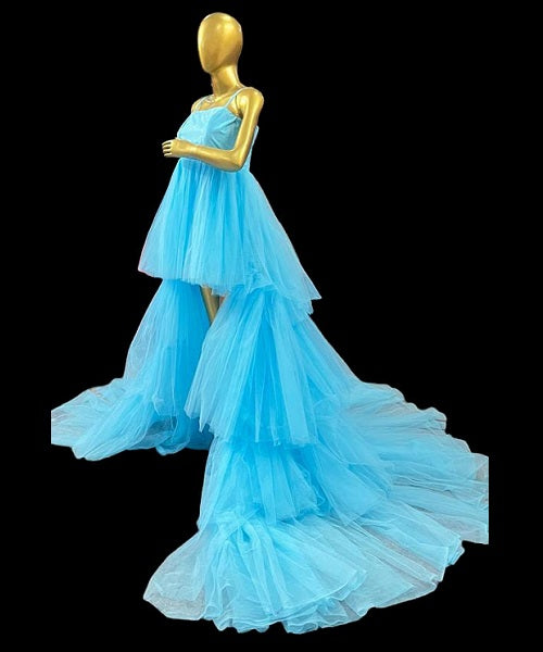 G140, Luxury Sky Blue Ruffle Long Trail Ball Gown  Size: All, Color: All
