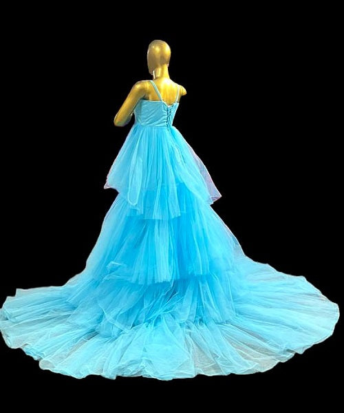 G140, Luxury Sky Blue Ruffle Long Trail Maternity Shoot Gown, Size: All, Color: All