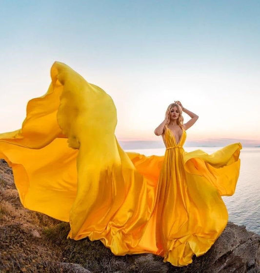 G999, Mustard Yellow Prewedding Long Trail Gown, Size: All, Color: All