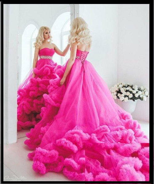 G323, Hot Pink Puffy Cloud Trail Big Ball Gown Size: All, Color: All