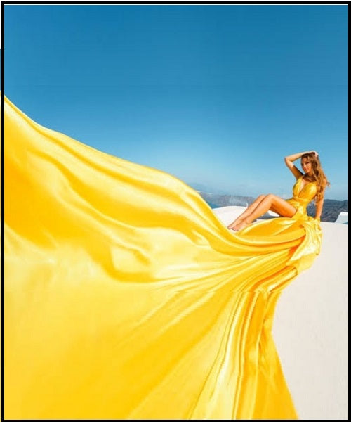 G999, Mustard Yellow Prewedding Long Trail Gown, Size: All, Color: All