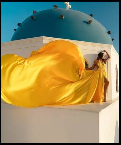 G999, Mustard Yellow Prewedding Long Trail Gown, Size: All, Color: All