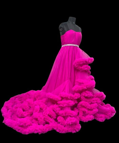G323, Hot Pink Puffy Cloud Trail Big Ball Gown Size: All, Color: All