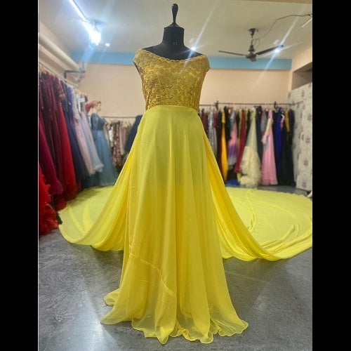 G888, Yellow Twin Trail prewedding Shoot Long Trail Gown Size: All, Color: All