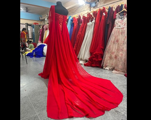 G575, Red One Shoulder Prewedding Shoot Long Trail Gown, Size: All, Color: All