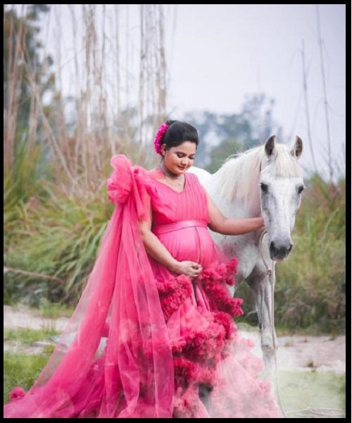 G878, Peach Ruffled Maternity Shoot Gown With Inner, Size: All, Color: All