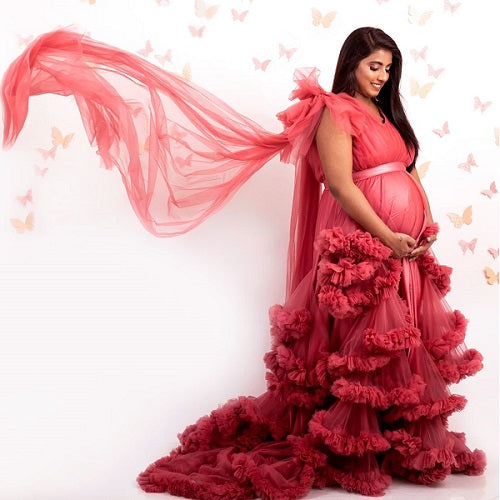 G878, Peach Ruffled Maternity Shoot Gown With Inner, Size: All, Color: All