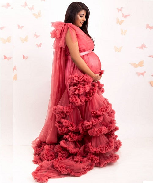 G878, Peach Ruffled Maternity Shoot Gown With Inner, Size: All, Color: All