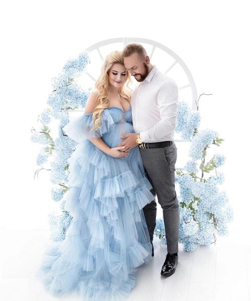 G466, Blue Frilled Maternity Shoot Gown With Inner, Size (All)